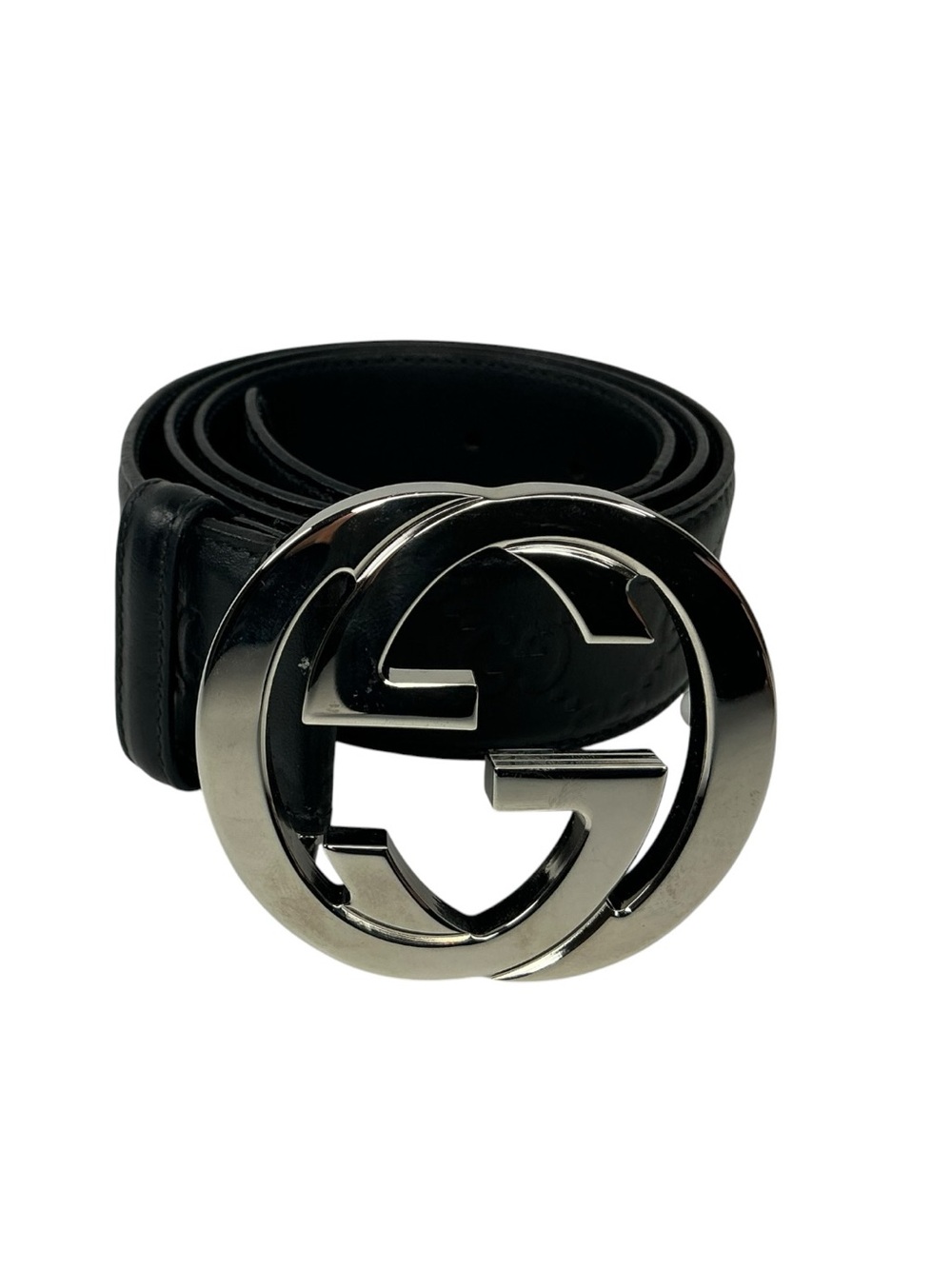 Gucci Black Leather Men's Belt with Silver Interlocking Buckle size 85